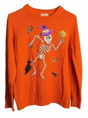 Halloween Sequined Skeleton Orange Sweater Women M Goth Skull Bat Pumpkin